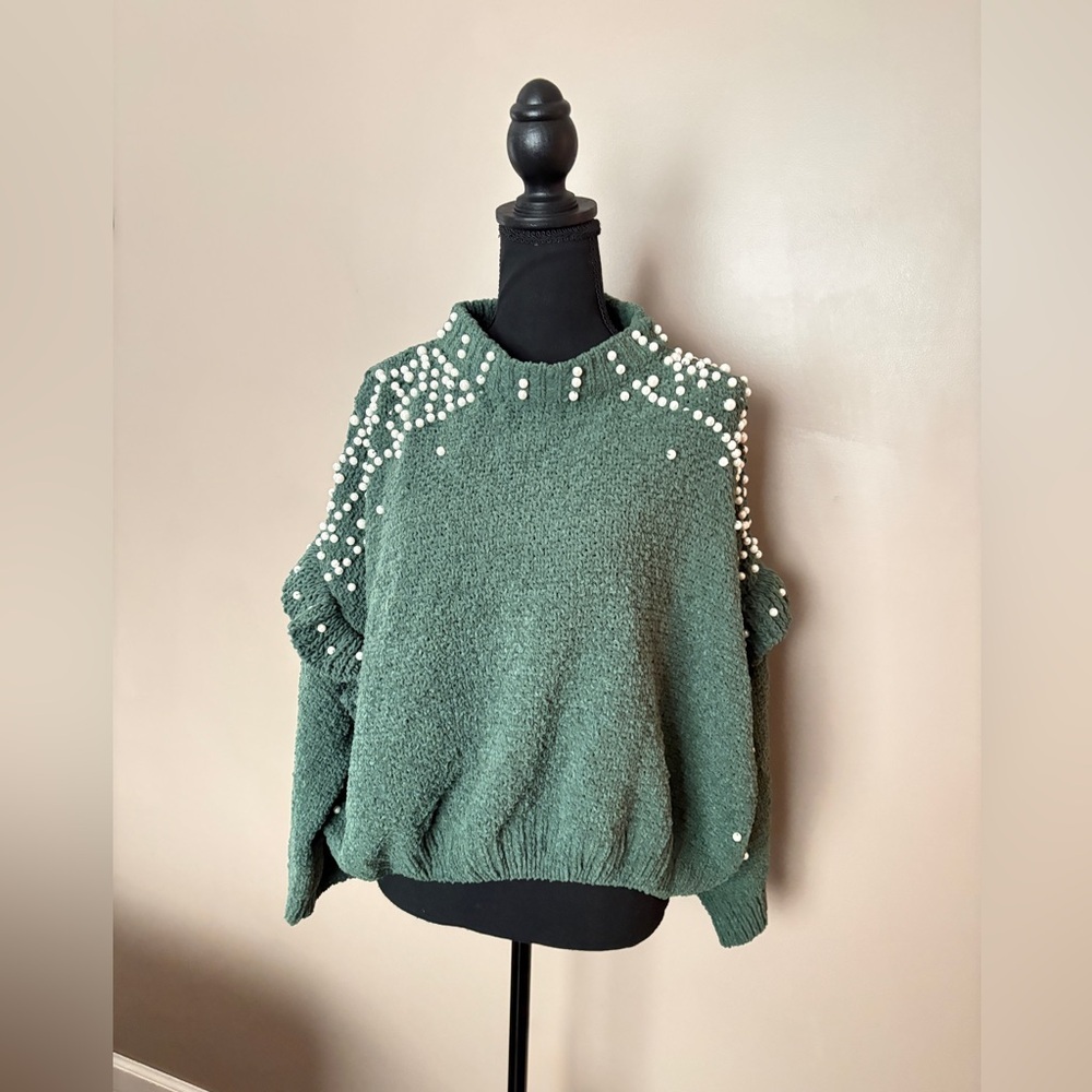 POL green chenille cropped sweater pearl embellished ruffle sleeves boho S EUC - Picture 6 of 15